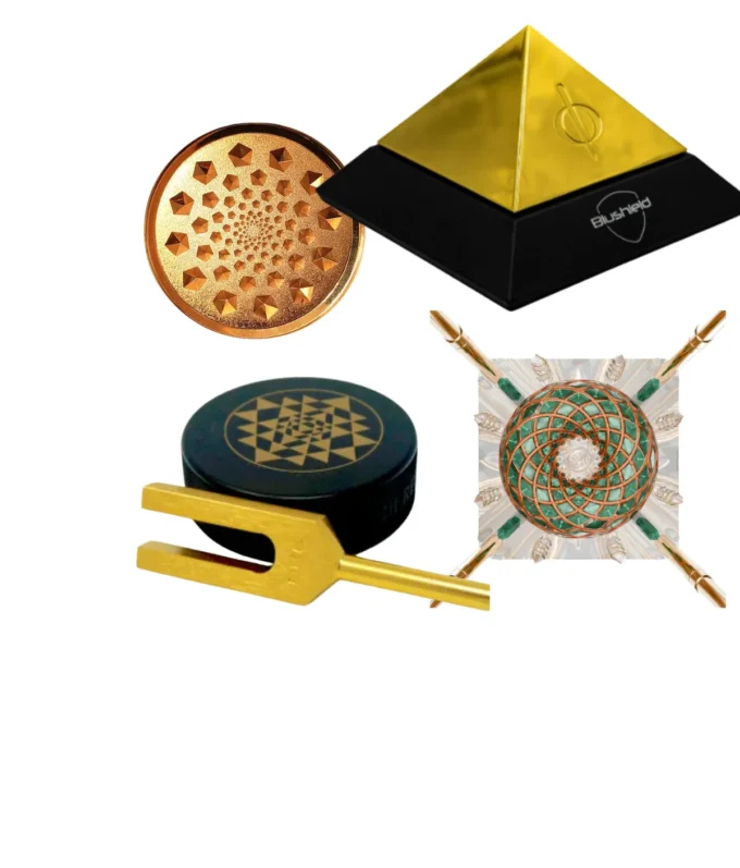 emf-protection-best-sellers-optimized Collage of best-selling EMF protection and energy healing tools including Blushield pyramid, tuning fork, sacred geometry disc, and quantum healing devices